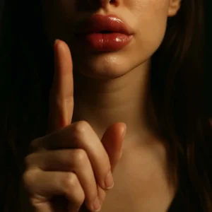 Woman after lip filler injections pointing finger