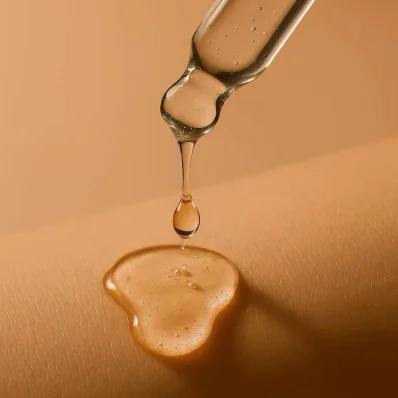 A close-up macro shot of a glass dropper dispensing a thick, clear or golden-colored serum, oil, or skincare product onto a patch of light-tanned skin. A drop is suspended mid-air just above a small puddle of the product already on the skin.